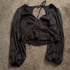 Miami Black Satin Blouse with Ruffle Detail